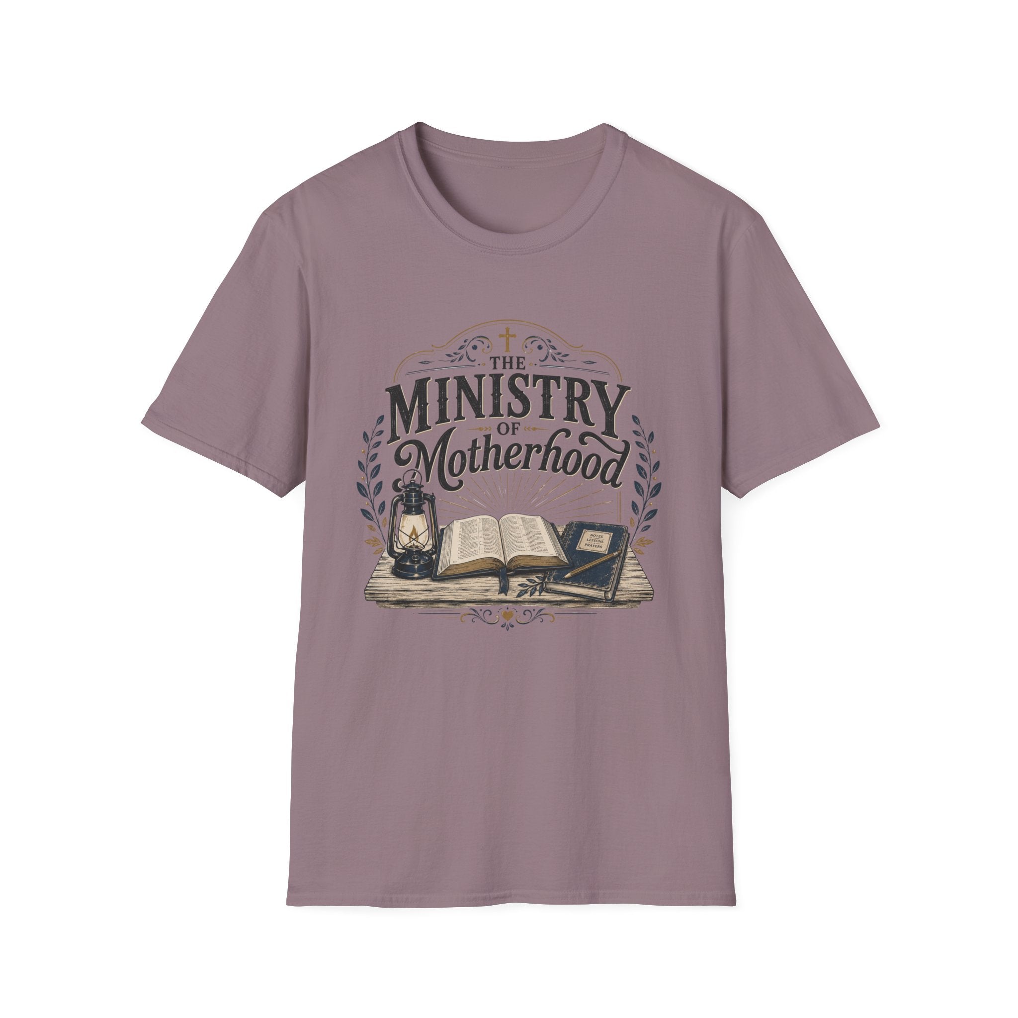 The Ministry Of Motherhood homeschool mom graphic t-shirt with a faith-filled homeschool design with gentle lettering and classic illustrative details