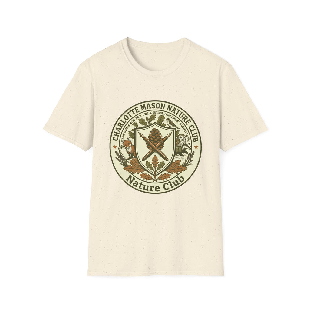Charlotte Mason Nature Club homeschool mom graphic t-shirt with a Charlotte Mason-inspired design with books, nature details, and vintage homeschool charm