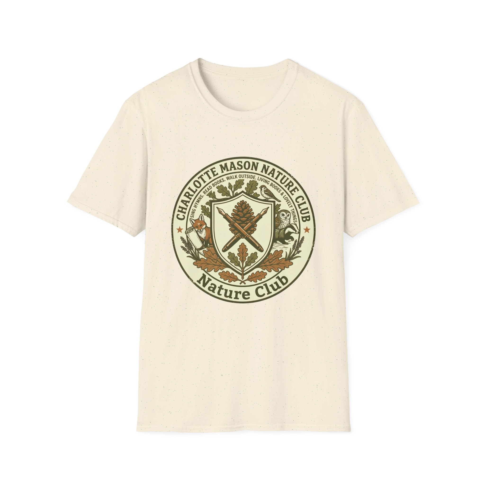 Charlotte Mason Nature Club homeschool mom graphic t-shirt with a Charlotte Mason-inspired design with books, nature details, and vintage homeschool charm