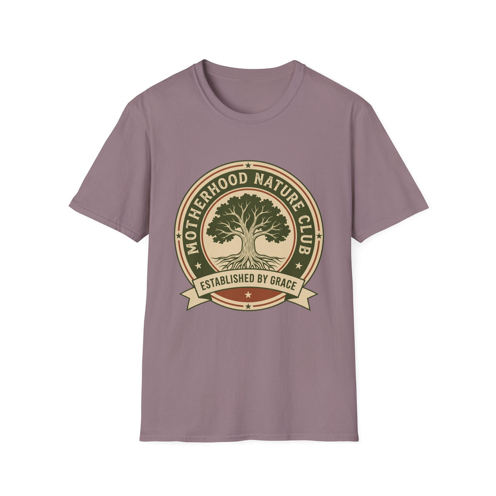Motherhood Nature Club homeschool mom graphic t-shirt with a faith-filled homeschool design with gentle lettering and classic illustrative details