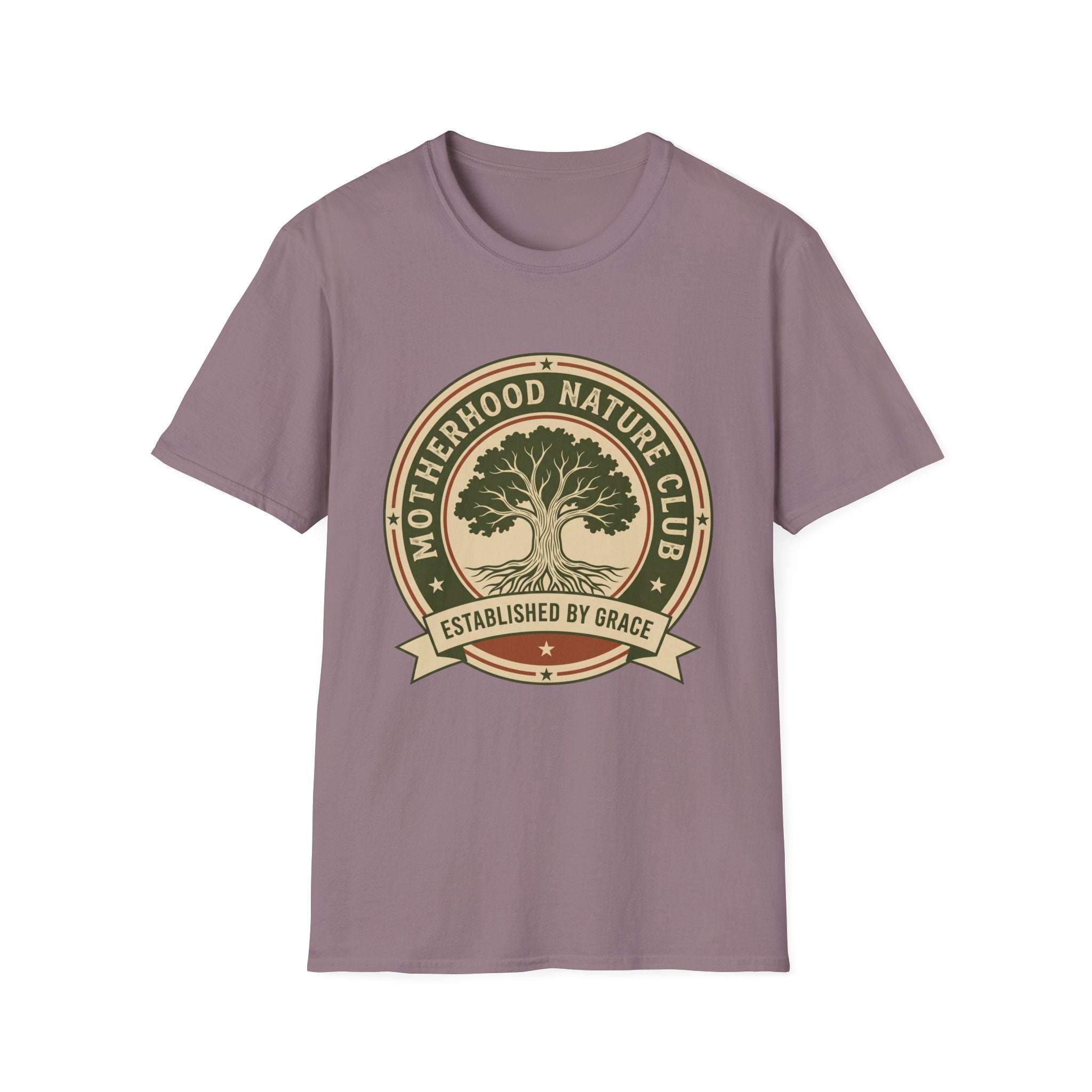Motherhood Nature Club homeschool mom graphic t-shirt with a faith-filled homeschool design with gentle lettering and classic illustrative details