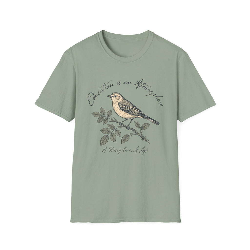 Education Is An Atmosphere T Shirt homeschool mom graphic t-shirt with a Charlotte Mason-inspired design with books, nature details, and vintage homeschool charm