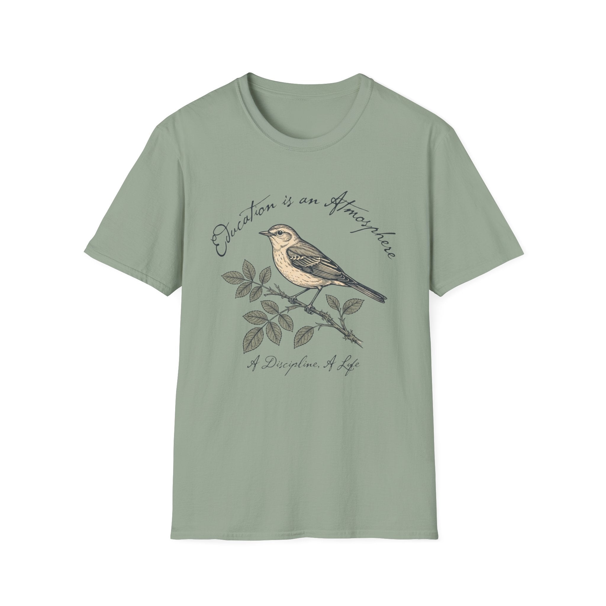 Education Is An Atmosphere T Shirt homeschool mom graphic t-shirt with a Charlotte Mason-inspired design with books, nature details, and vintage homeschool charm