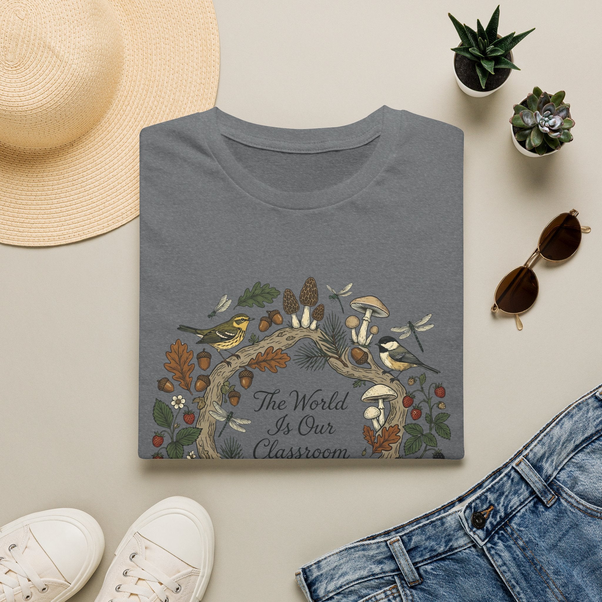 The World Is Our Classroom homeschool mom graphic t-shirt with an adventurous homeschool graphic with nature, books, and outdoor learning energy