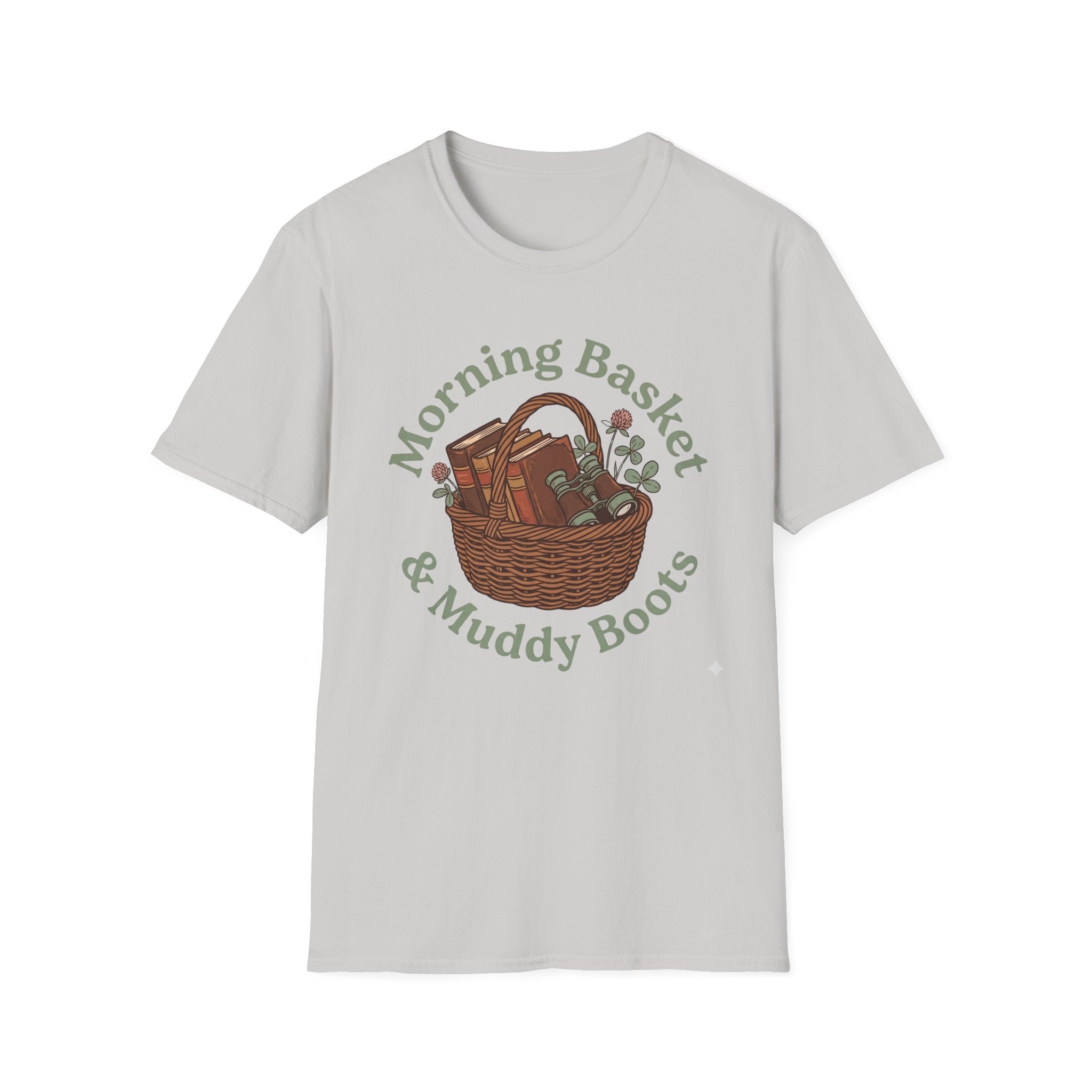 Morning Basket, Muddy Boots homeschool mom graphic t-shirt with a cozy morning basket-inspired design with books, gentle details, and home learning charm