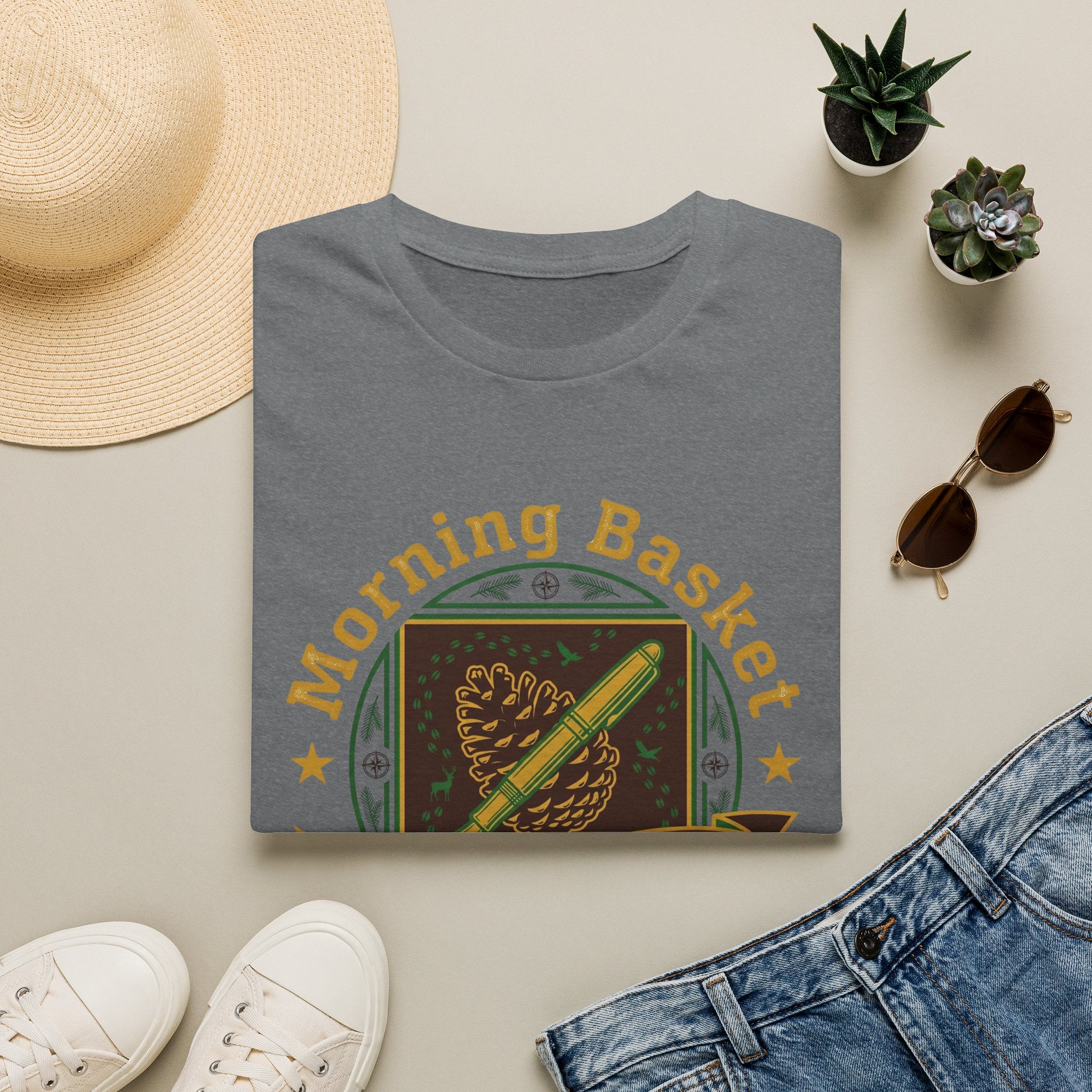 Morning Basket Adventure Club homeschool mom graphic t-shirt with a cozy morning basket-inspired design with books, gentle details, and home learning charm