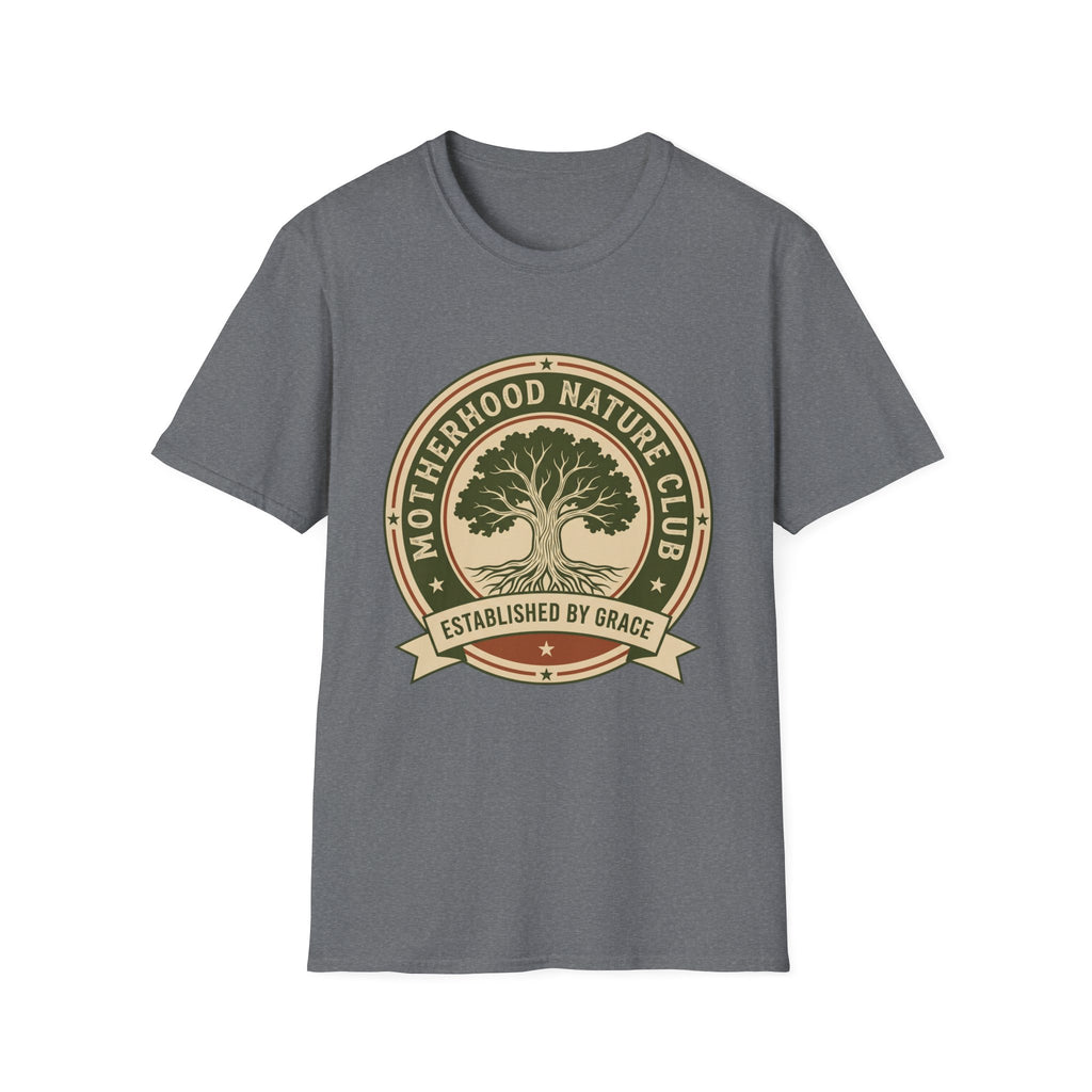 Motherhood Nature Club homeschool mom graphic t-shirt with a faith-filled homeschool design with gentle lettering and classic illustrative details