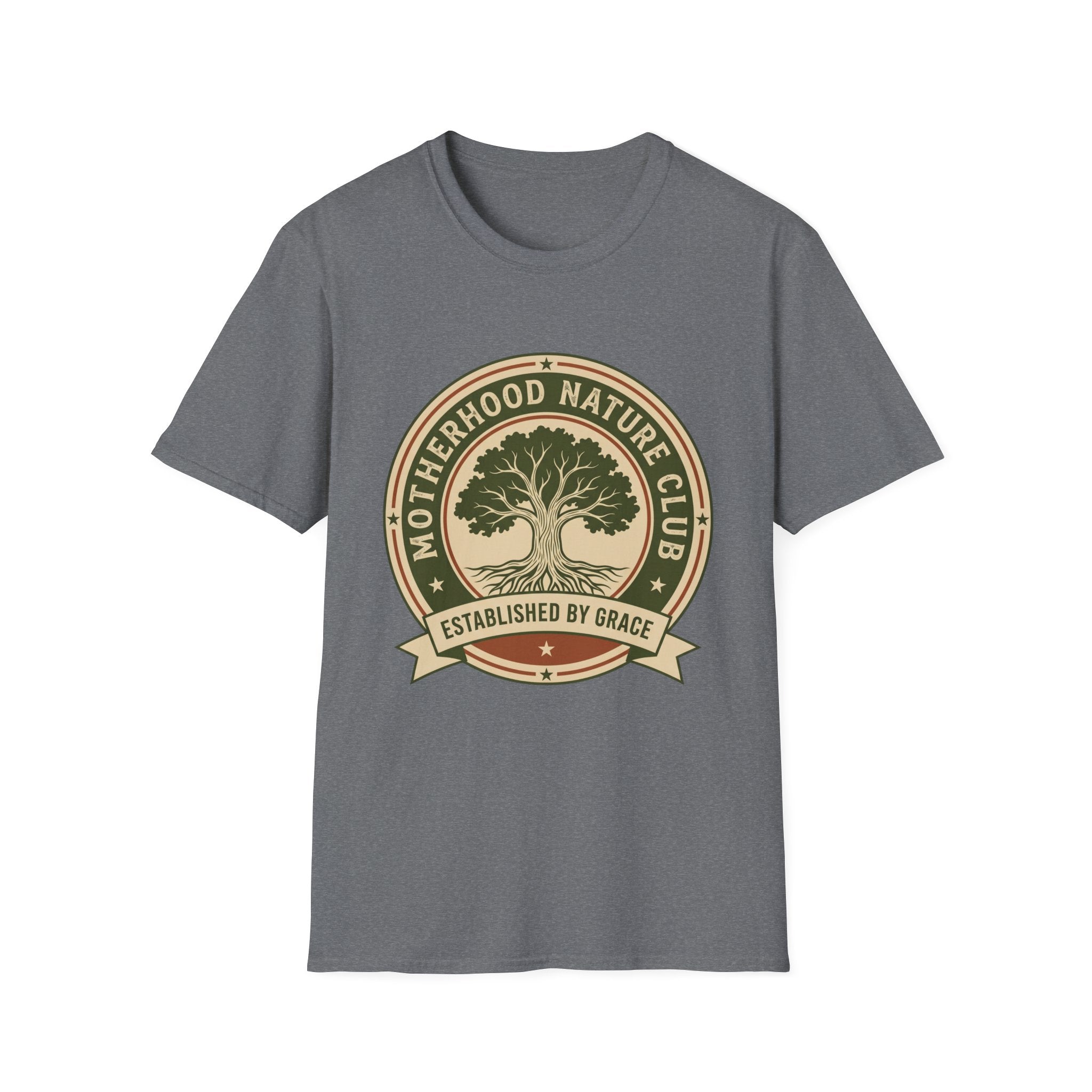 Motherhood Nature Club homeschool mom graphic t-shirt with a faith-filled homeschool design with gentle lettering and classic illustrative details