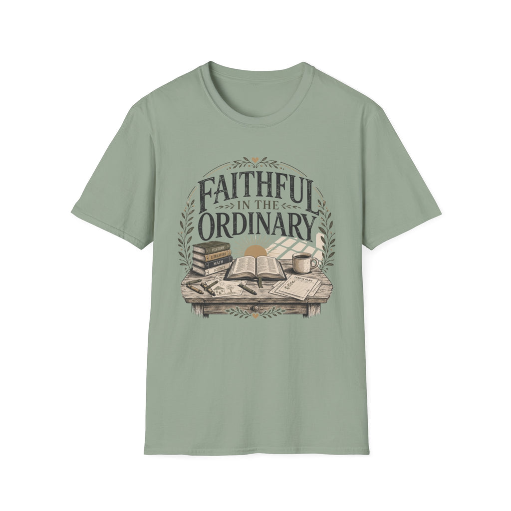 Faithful In The Ordinary homeschool mom graphic t-shirt with a faith-filled homeschool design with gentle lettering and classic illustrative details