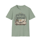 Faithful In The Ordinary homeschool mom graphic t-shirt with a faith-filled homeschool design with gentle lettering and classic illustrative details