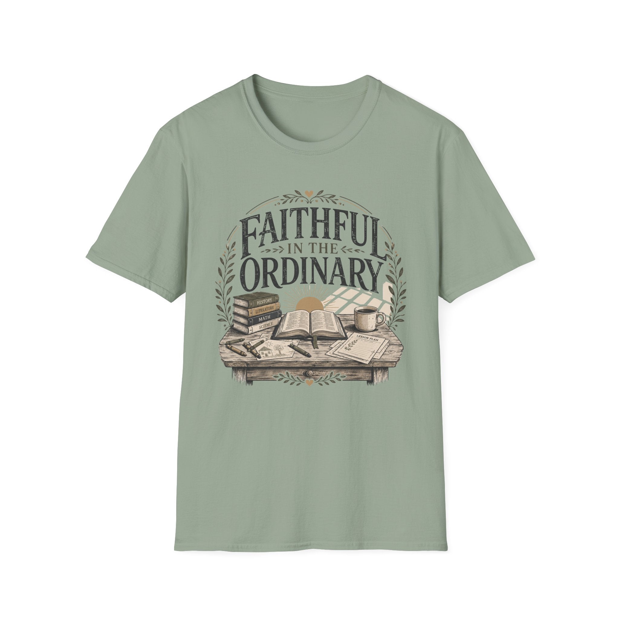 Faithful In The Ordinary homeschool mom graphic t-shirt with a faith-filled homeschool design with gentle lettering and classic illustrative details