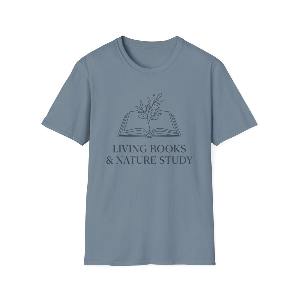 Living Books with Flowers homeschool mom graphic t-shirt with a Charlotte Mason-inspired design with books, nature details, and vintage homeschool charm