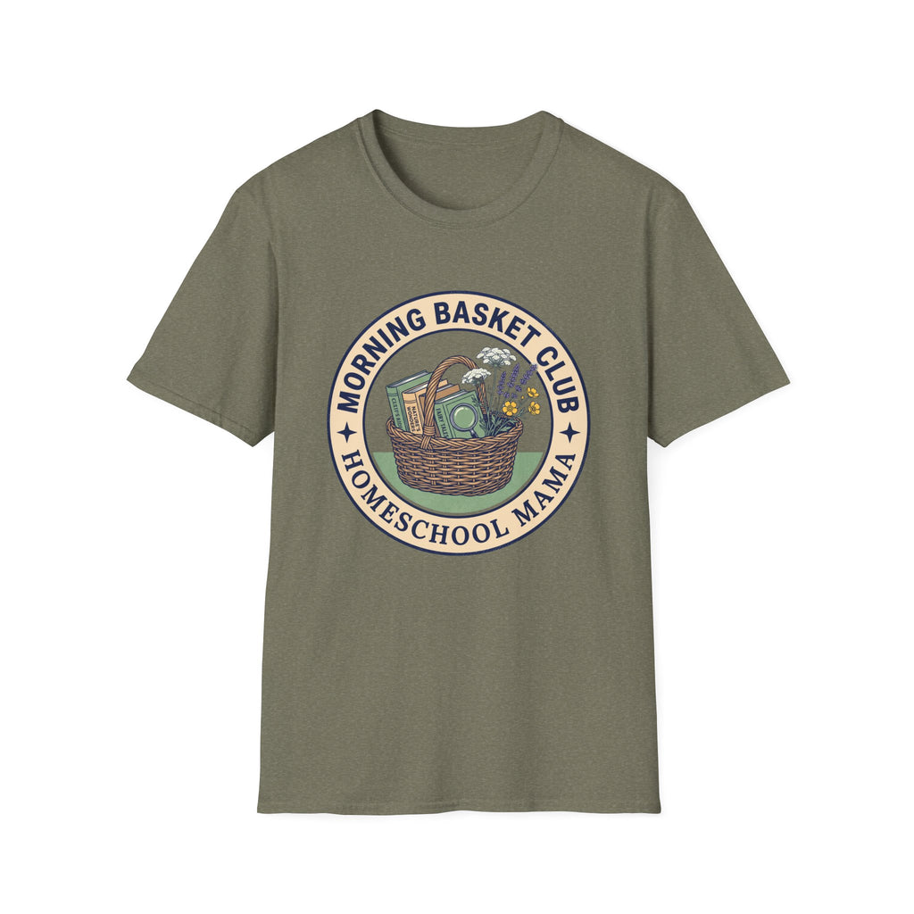 Morning Basket Club homeschool mom graphic t-shirt with a cozy morning basket-inspired design with books, gentle details, and home learning charm