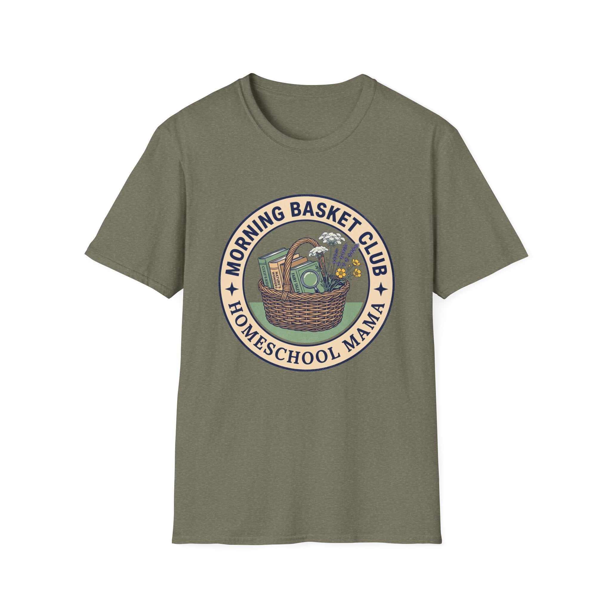 Morning Basket Club homeschool mom graphic t-shirt with a cozy morning basket-inspired design with books, gentle details, and home learning charm