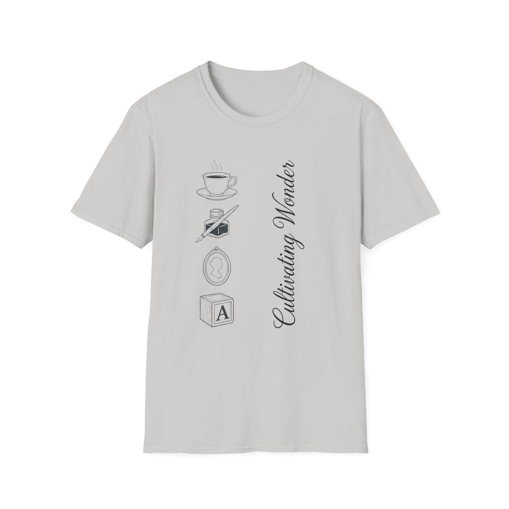 Cultivating Wonder homeschool mom graphic t-shirt with a Charlotte Mason-inspired design with books, nature details, and vintage homeschool charm