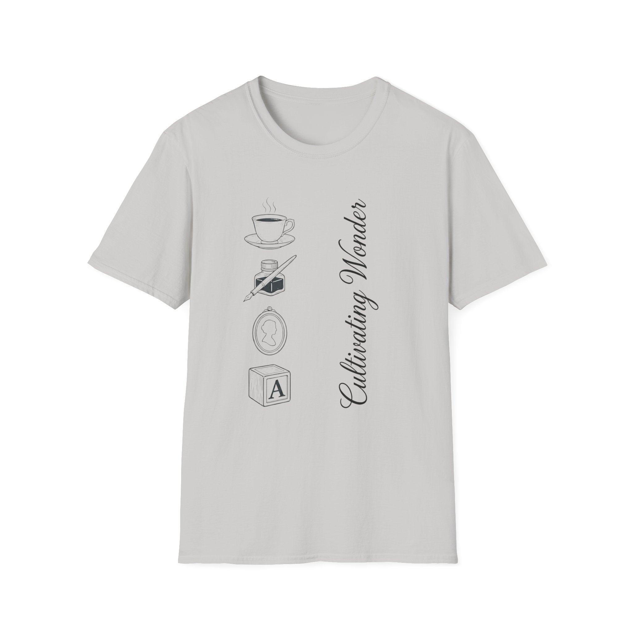 Cultivating Wonder homeschool mom graphic t-shirt with a Charlotte Mason-inspired design with books, nature details, and vintage homeschool charm