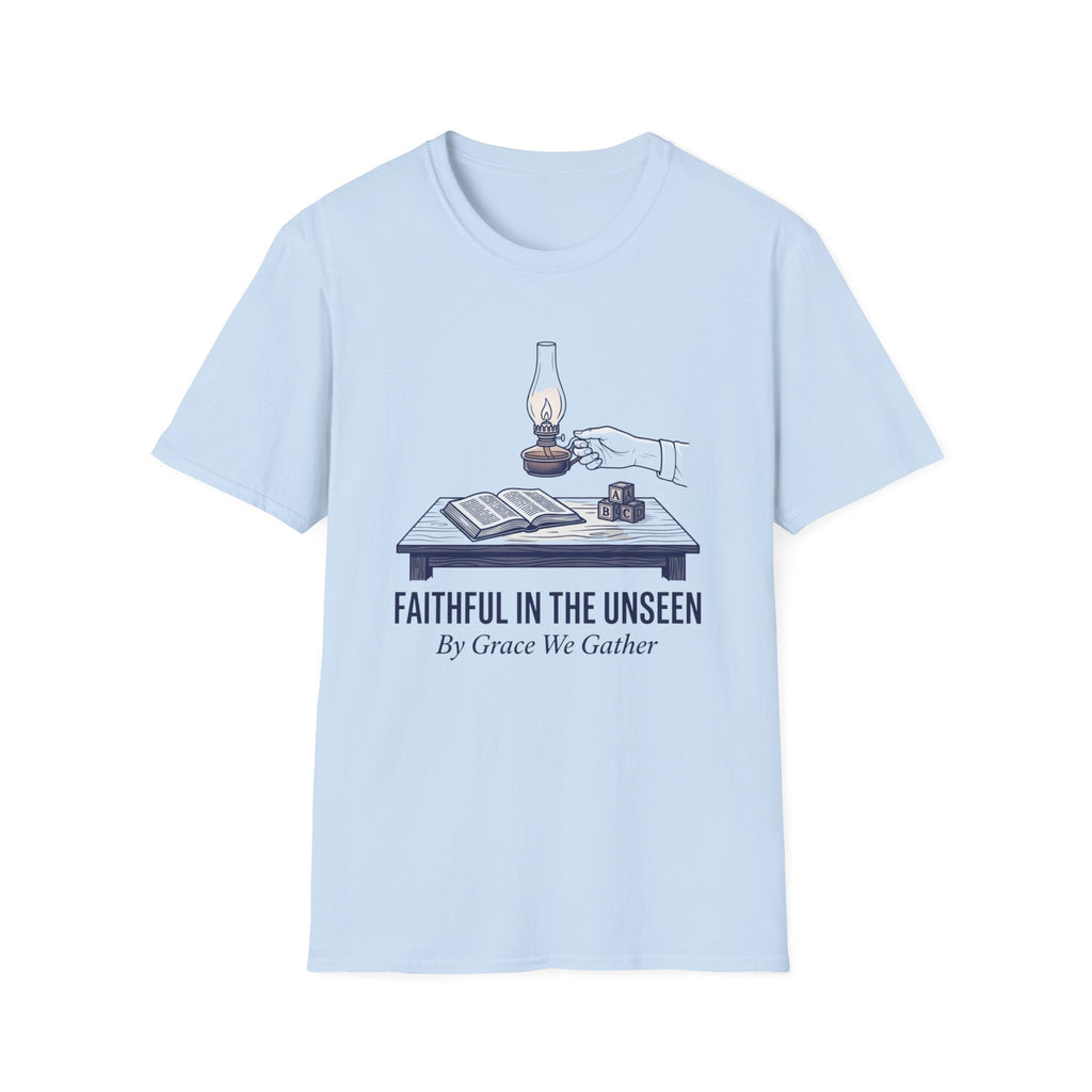 Faithful In The Unseen homeschool mom graphic t-shirt with a faith-filled homeschool design with gentle lettering and classic illustrative details