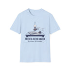 Faithful In The Unseen homeschool mom graphic t-shirt with a faith-filled homeschool design with gentle lettering and classic illustrative details