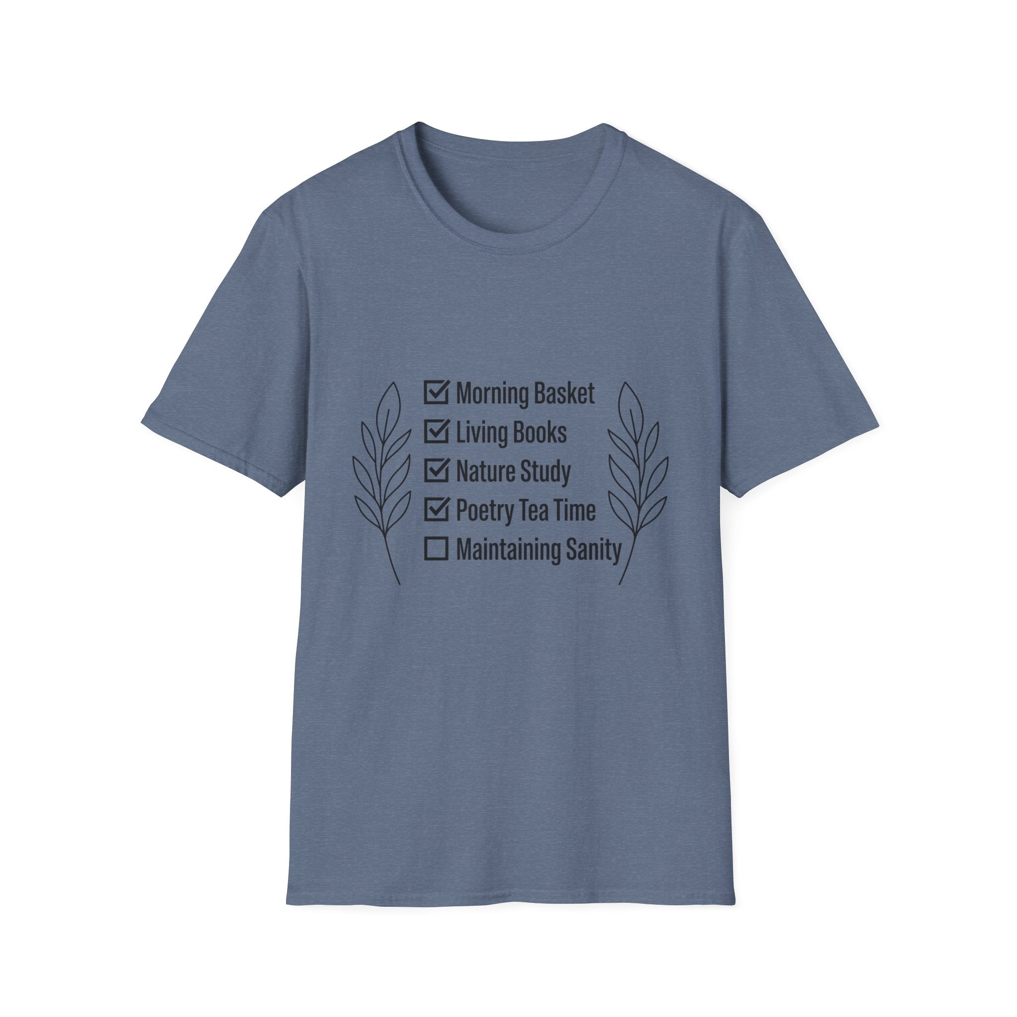Homeschool Check List homeschool mom graphic t-shirt with a playful checklist-style homeschool graphic with bookish and nature-inspired details