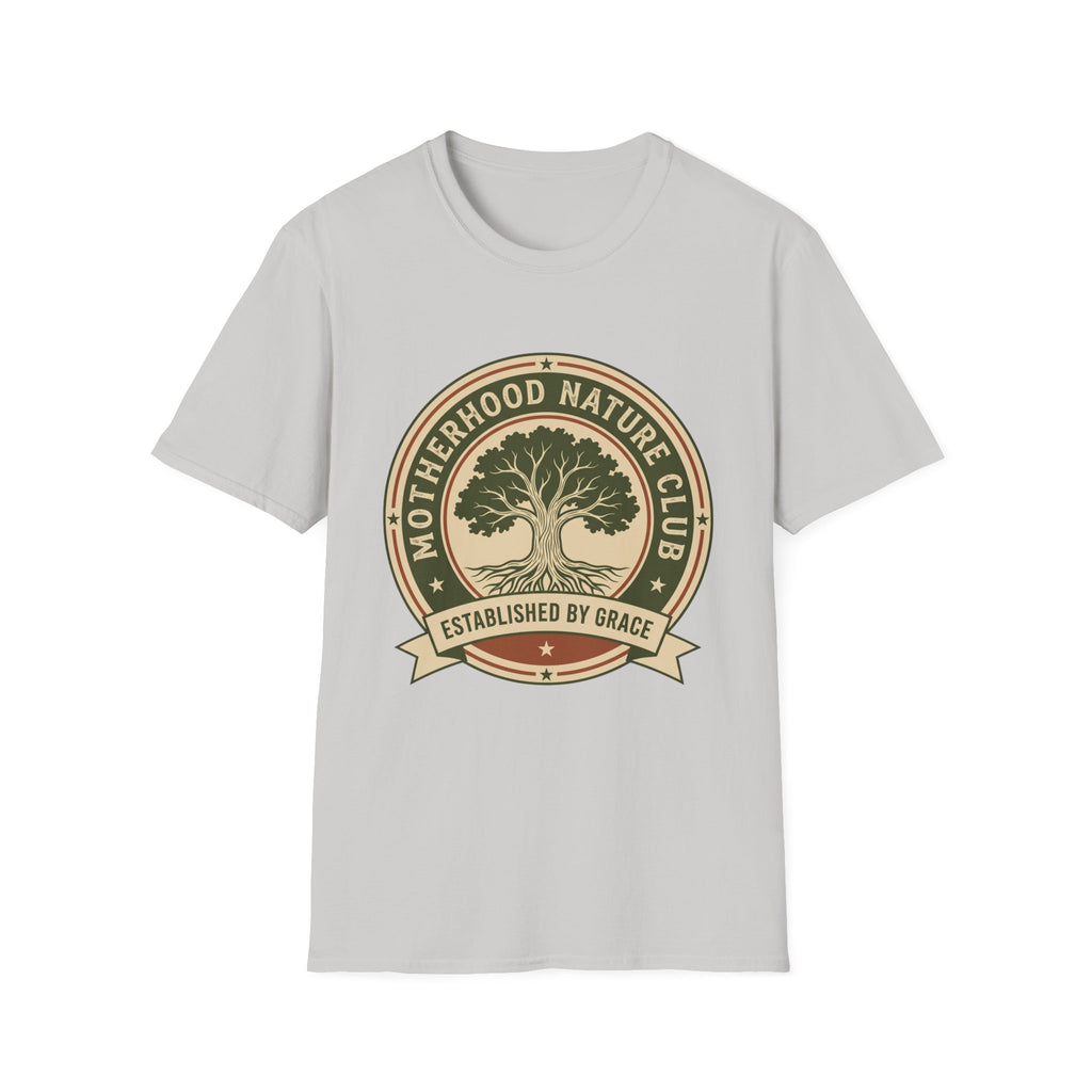 Motherhood Nature Club homeschool mom graphic t-shirt with a faith-filled homeschool design with gentle lettering and classic illustrative details