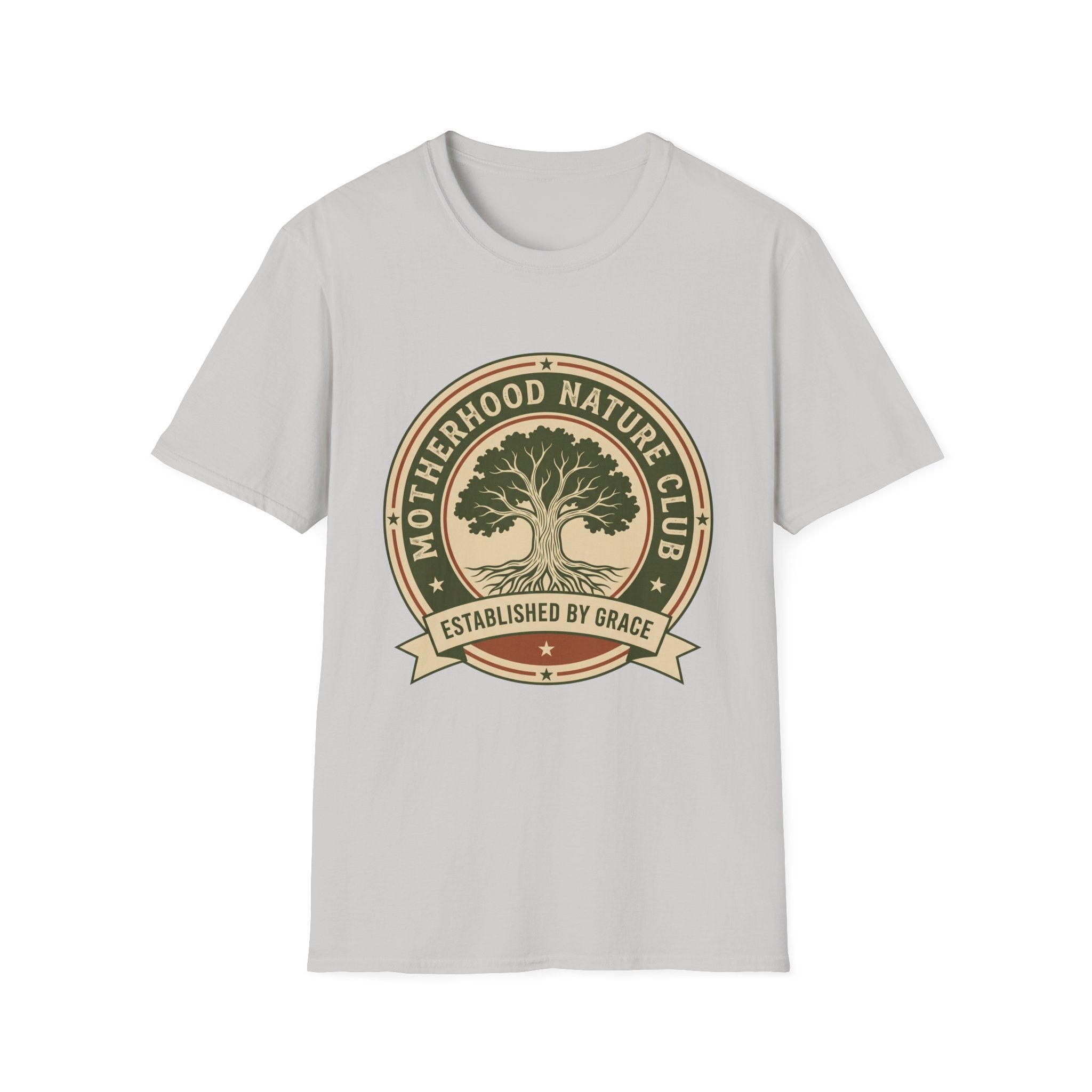 Motherhood Nature Club homeschool mom graphic t-shirt with a faith-filled homeschool design with gentle lettering and classic illustrative details