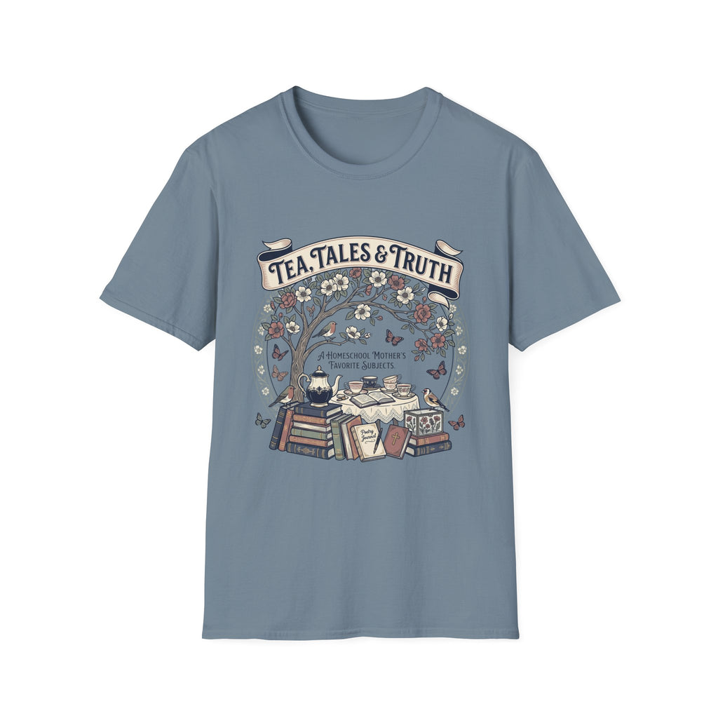 Tea, Tales, & Truth homeschool mom graphic t-shirt with a faith-filled homeschool design with gentle lettering and classic illustrative details