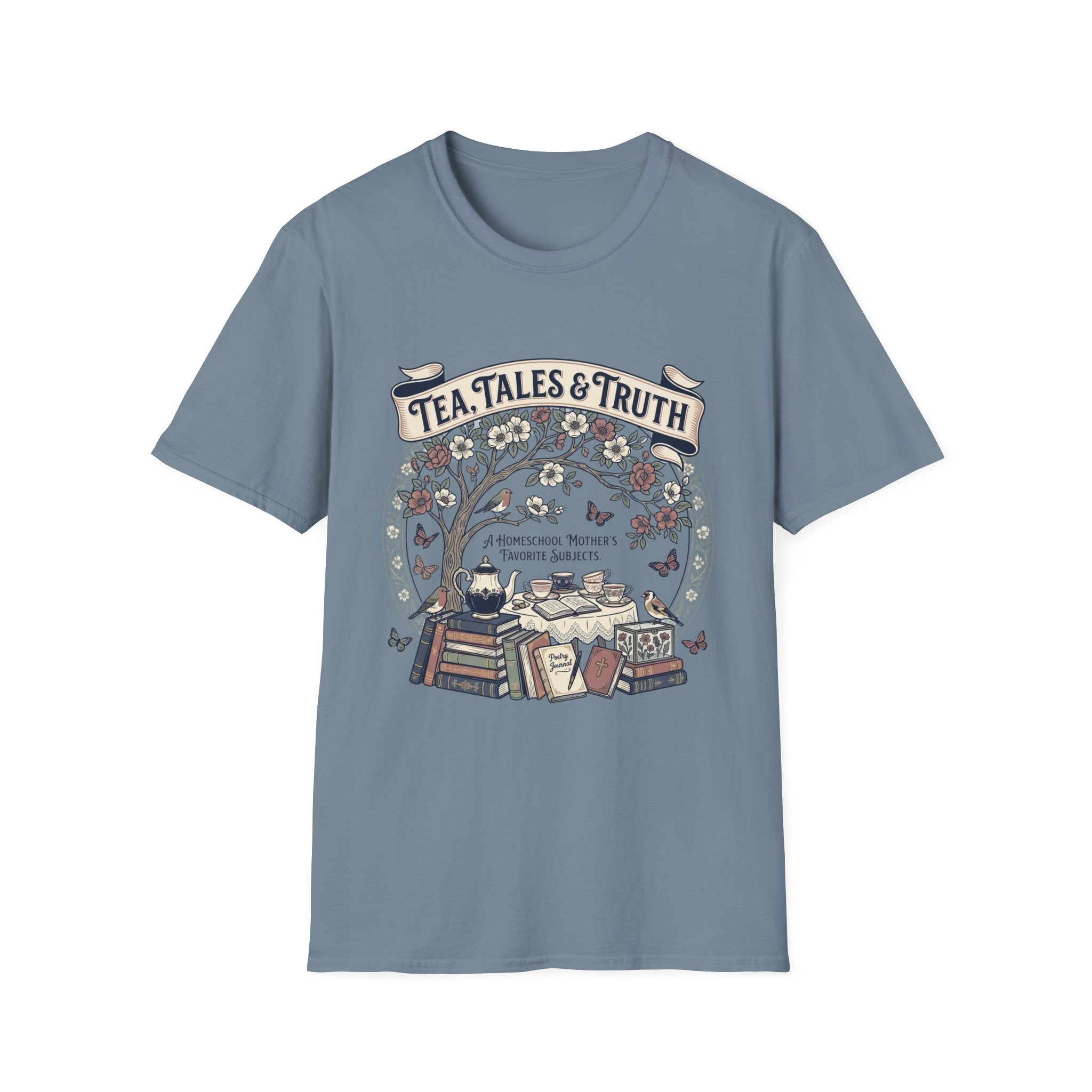 Tea, Tales, & Truth homeschool mom graphic t-shirt with a faith-filled homeschool design with gentle lettering and classic illustrative details