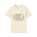 Homeschool Check List homeschool mom graphic t-shirt with a playful checklist-style homeschool graphic with bookish and nature-inspired details