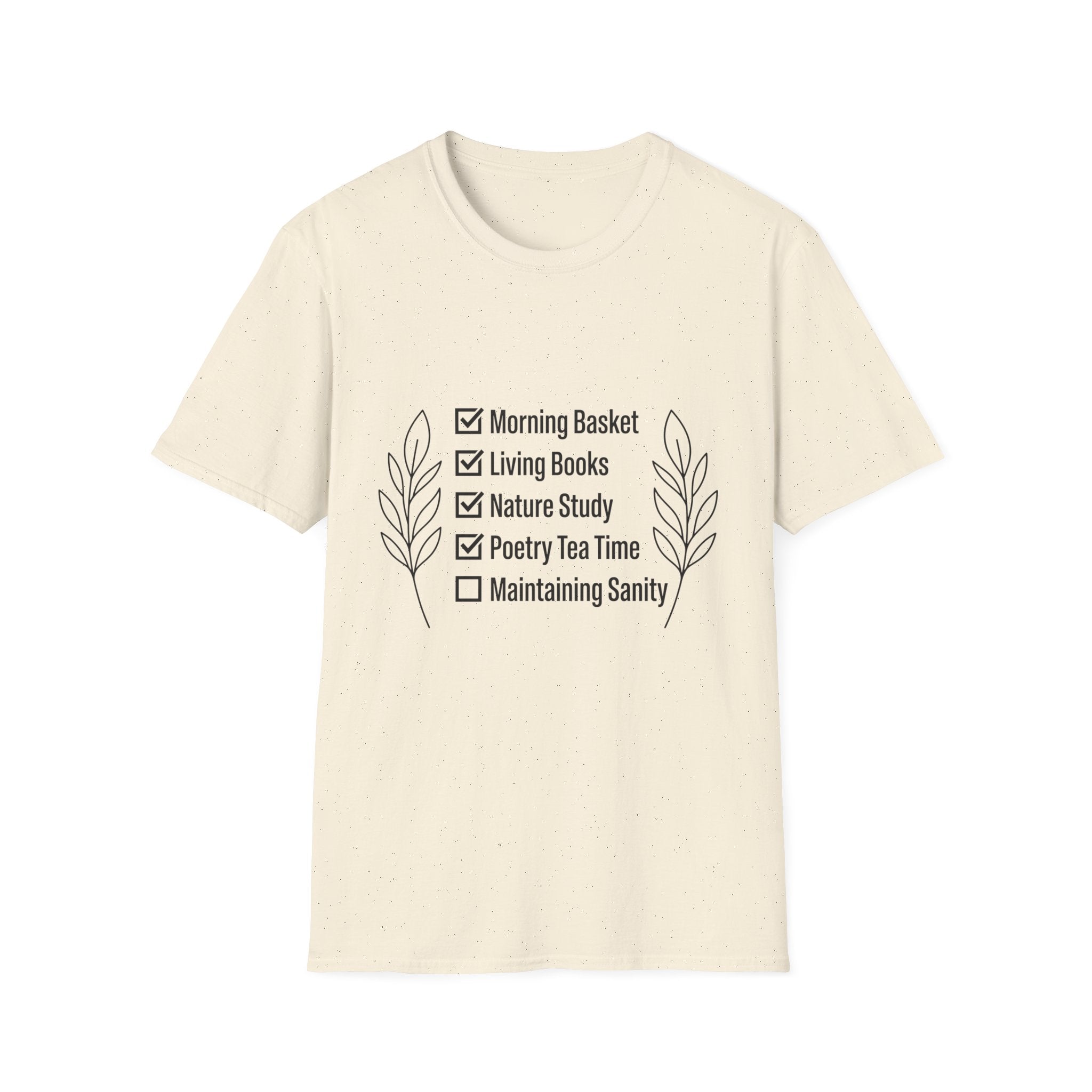 Homeschool Check List homeschool mom graphic t-shirt with a playful checklist-style homeschool graphic with bookish and nature-inspired details