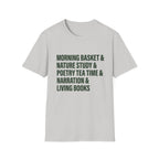 Narration Check List homeschool mom graphic t-shirt with a playful checklist-style homeschool graphic with bookish and nature-inspired details
