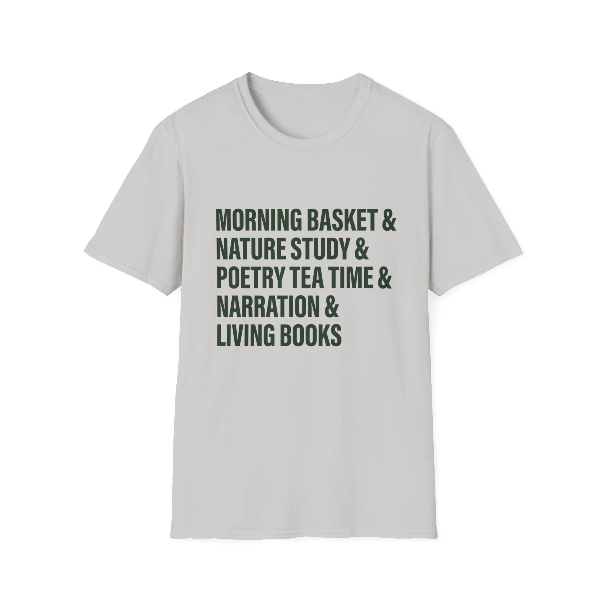 Narration Check List homeschool mom graphic t-shirt with a playful checklist-style homeschool graphic with bookish and nature-inspired details