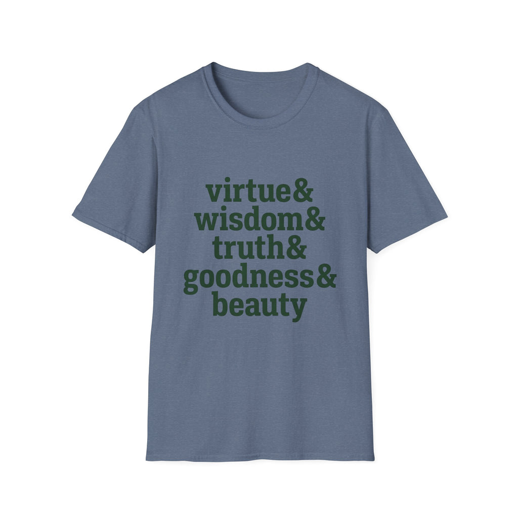 Virtue & Wisdom Check List homeschool mom graphic t-shirt with a playful checklist-style homeschool graphic with bookish and nature-inspired details