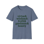 Virtue & Wisdom Check List homeschool mom graphic t-shirt with a playful checklist-style homeschool graphic with bookish and nature-inspired details