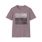 Little Lessons, Eternal Work homeschool mom graphic t-shirt with a warm homeschool-inspired graphic with thoughtful lettering