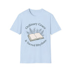 Ordinary Grace homeschool mom graphic t-shirt with a faith-filled homeschool design with gentle lettering and classic illustrative details
