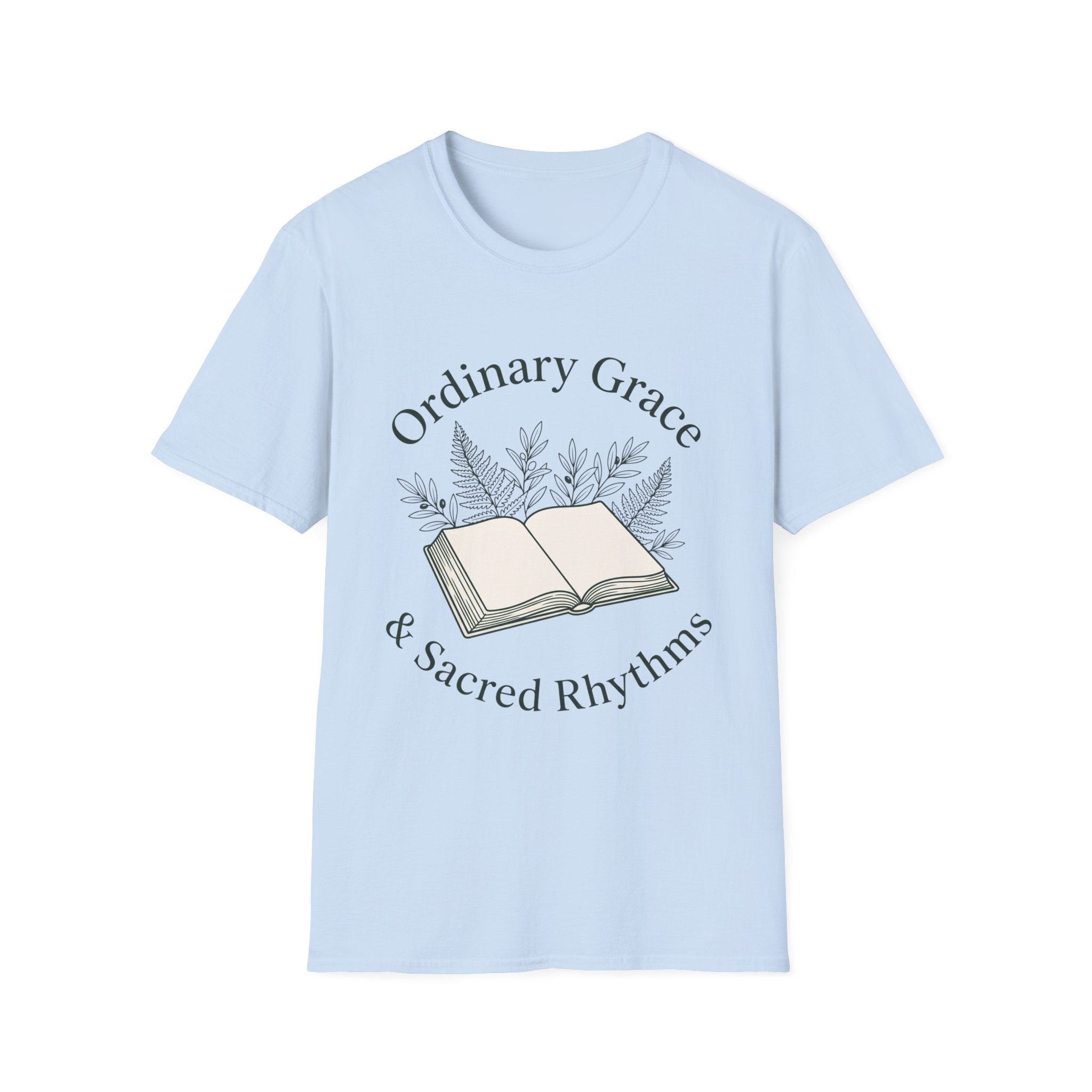 Ordinary Grace homeschool mom graphic t-shirt with a faith-filled homeschool design with gentle lettering and classic illustrative details