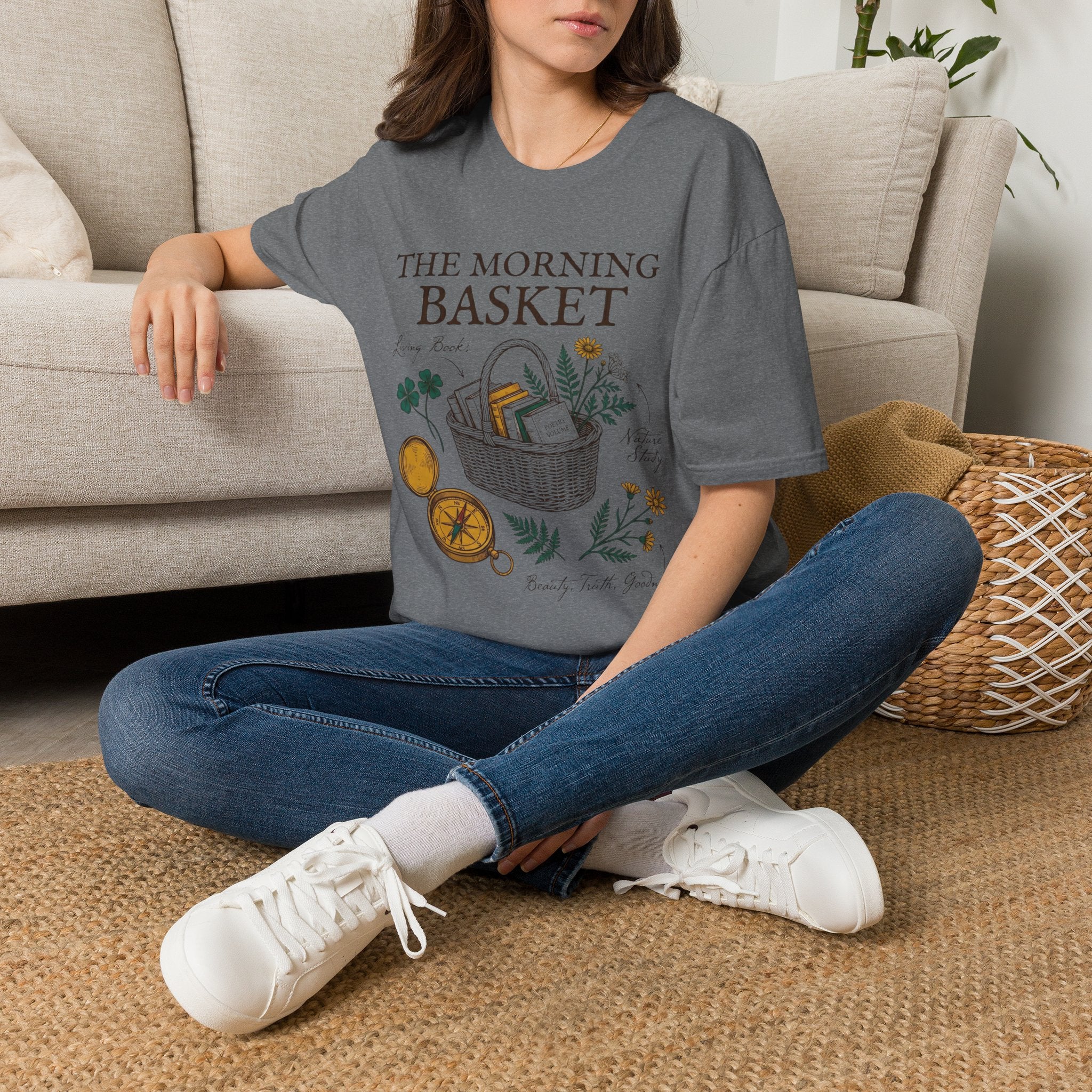 The Morning Basket homeschool mom graphic t-shirt with a cozy morning basket-inspired design with books, gentle details, and home learning charm