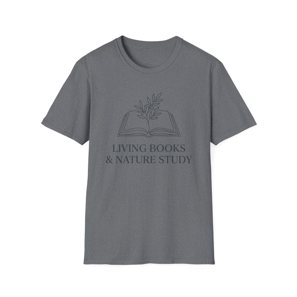 Living Books with Flowers homeschool mom graphic t-shirt with a Charlotte Mason-inspired design with books, nature details, and vintage homeschool charm