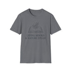 Living Books with Flowers homeschool mom graphic t-shirt with a Charlotte Mason-inspired design with books, nature details, and vintage homeschool charm