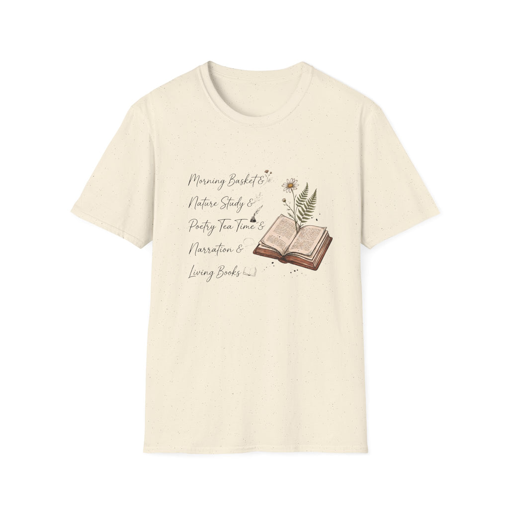 CM Homeschool Check List homeschool mom graphic t-shirt with a playful checklist-style homeschool graphic with bookish and nature-inspired details