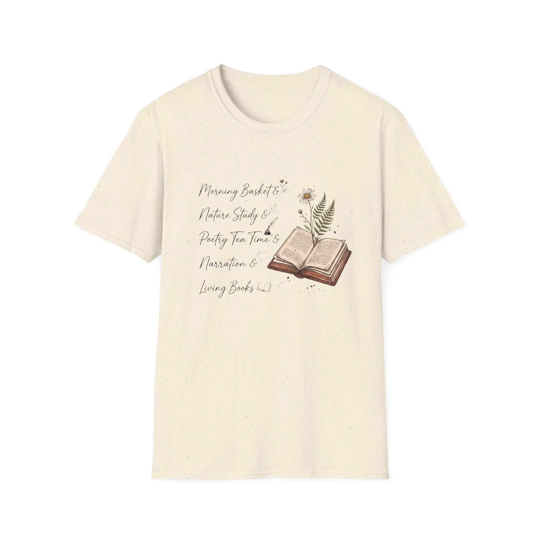 CM Homeschool Check List homeschool mom graphic t-shirt with a playful checklist-style homeschool graphic with bookish and nature-inspired details