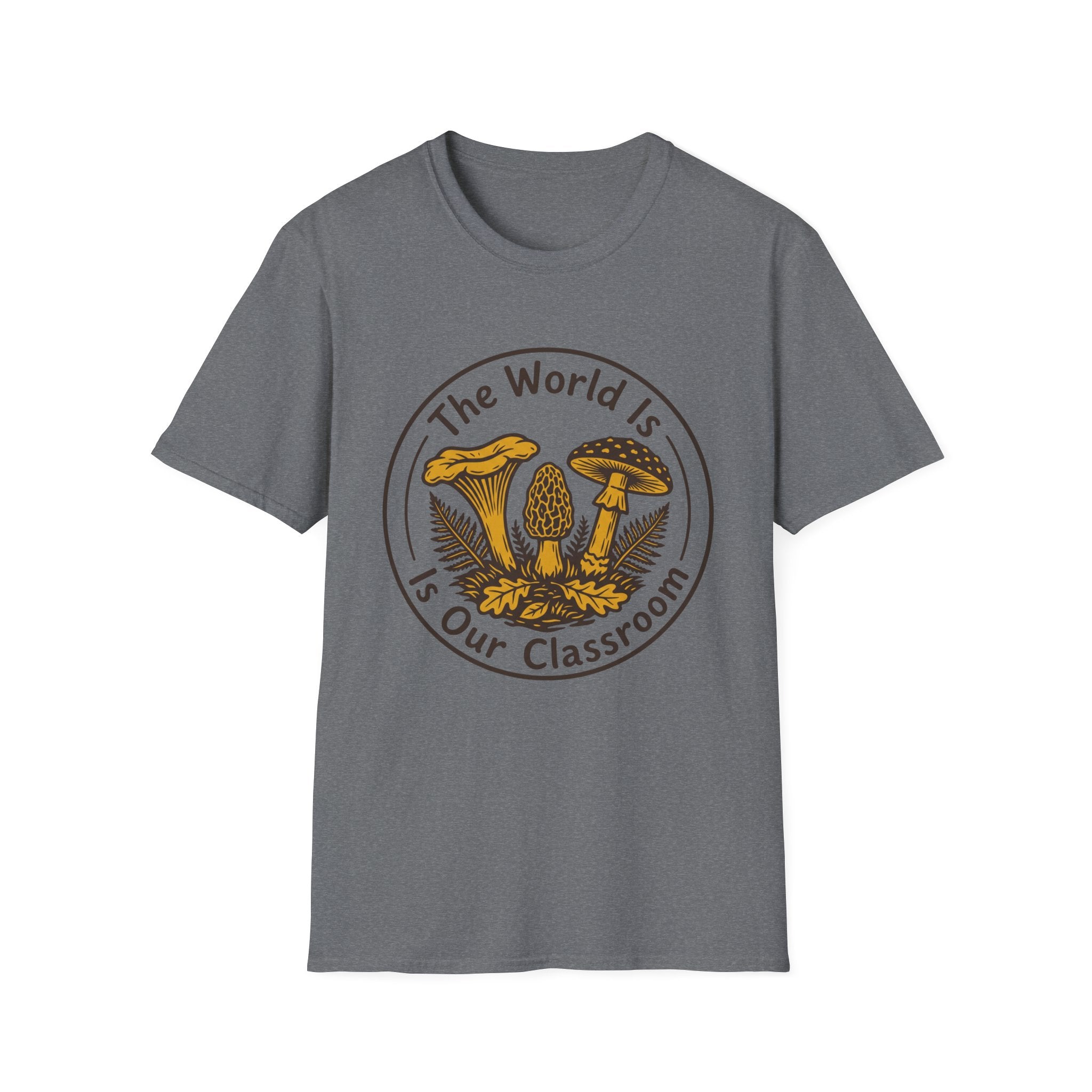 The World Is Our Classroom homeschool mom graphic t-shirt with an adventurous homeschool graphic with nature, books, and outdoor learning energy