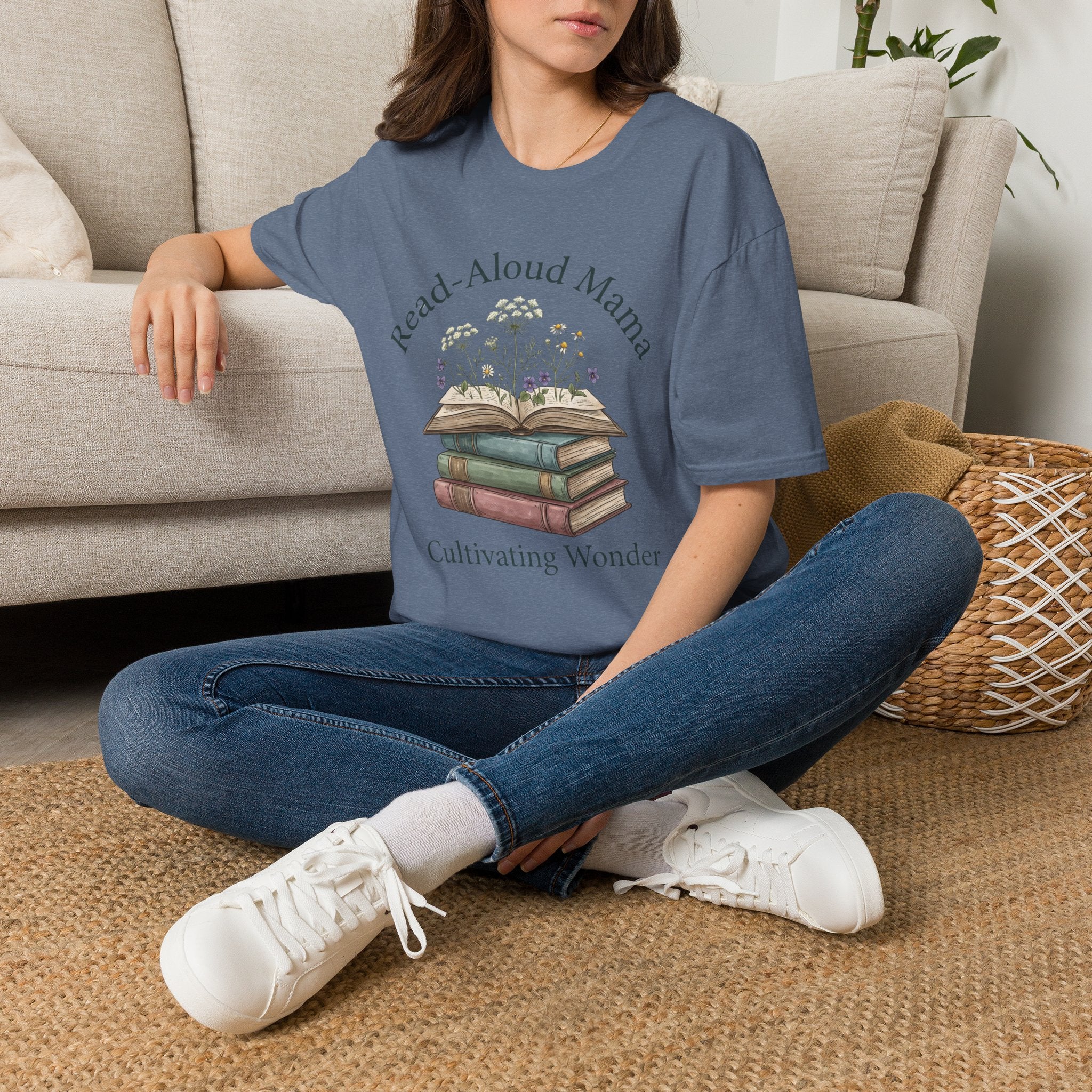 Read Aloud Mama homeschool mom graphic t-shirt with a sweet read-aloud design with stacked books, florals, and gentle homeschool charm