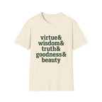 Virtue & Wisdom Check List homeschool mom graphic t-shirt with a playful checklist-style homeschool graphic with bookish and nature-inspired details