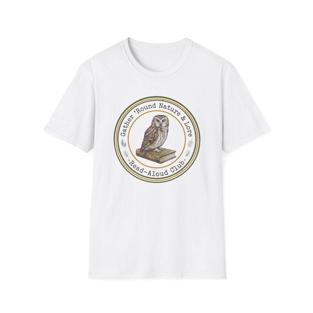 Gather Round Nature & Lore homeschool mom graphic t-shirt with a Charlotte Mason-inspired design with nature details, bookish elements, and classic homeschool lettering