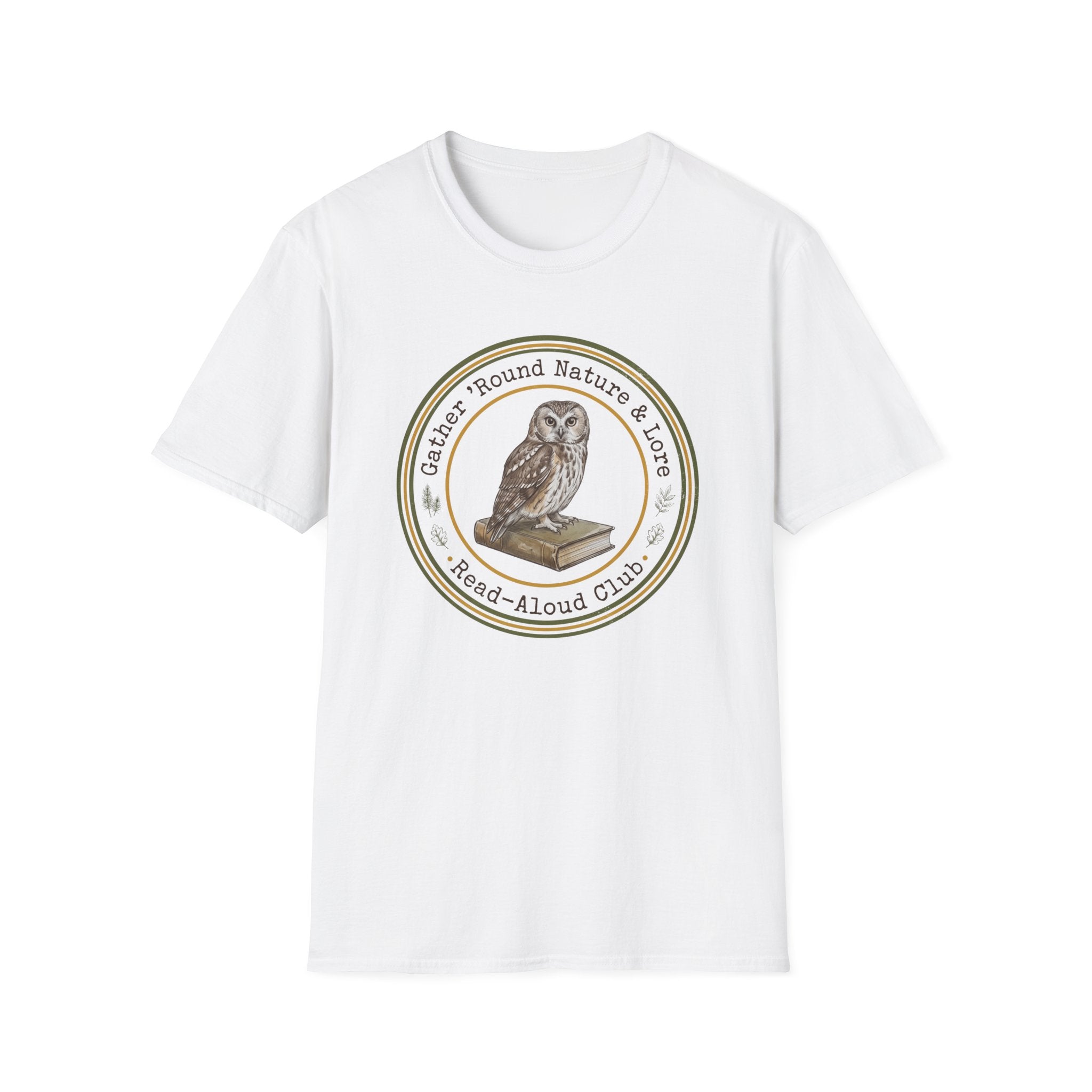 Gather Round Nature & Lore homeschool mom graphic t-shirt with a Charlotte Mason-inspired design with nature details, bookish elements, and classic homeschool lettering
