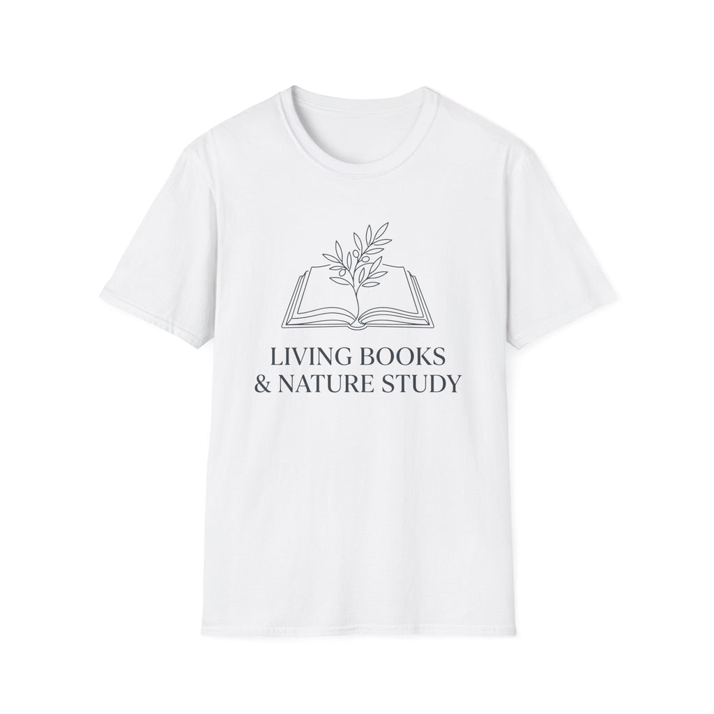 Living Books with Flowers homeschool mom graphic t-shirt with a Charlotte Mason-inspired design with books, nature details, and vintage homeschool charm