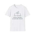 Living Books with Flowers homeschool mom graphic t-shirt with a Charlotte Mason-inspired design with books, nature details, and vintage homeschool charm