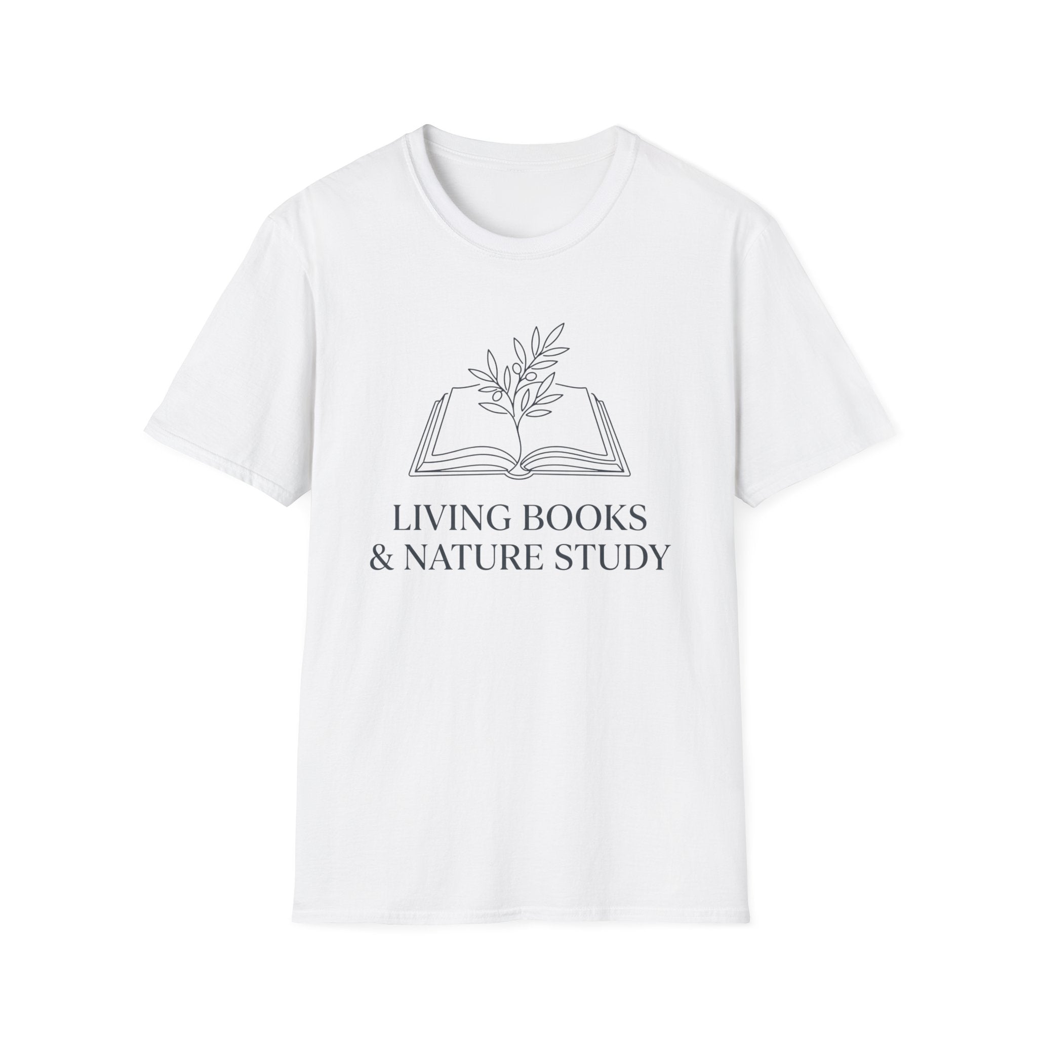 Living Books with Flowers homeschool mom graphic t-shirt with a Charlotte Mason-inspired design with books, nature details, and vintage homeschool charm