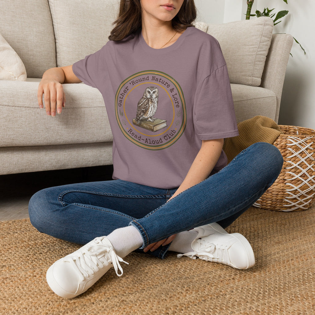 Gather Round Nature & Lore homeschool mom graphic t-shirt with a Charlotte Mason-inspired design with nature details, bookish elements, and classic homeschool lettering